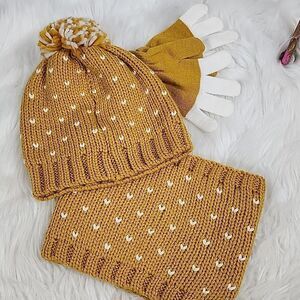 Toby Knit Mustard Yellow Stocking Cap, Gloves and Cowl neck Scarf Set